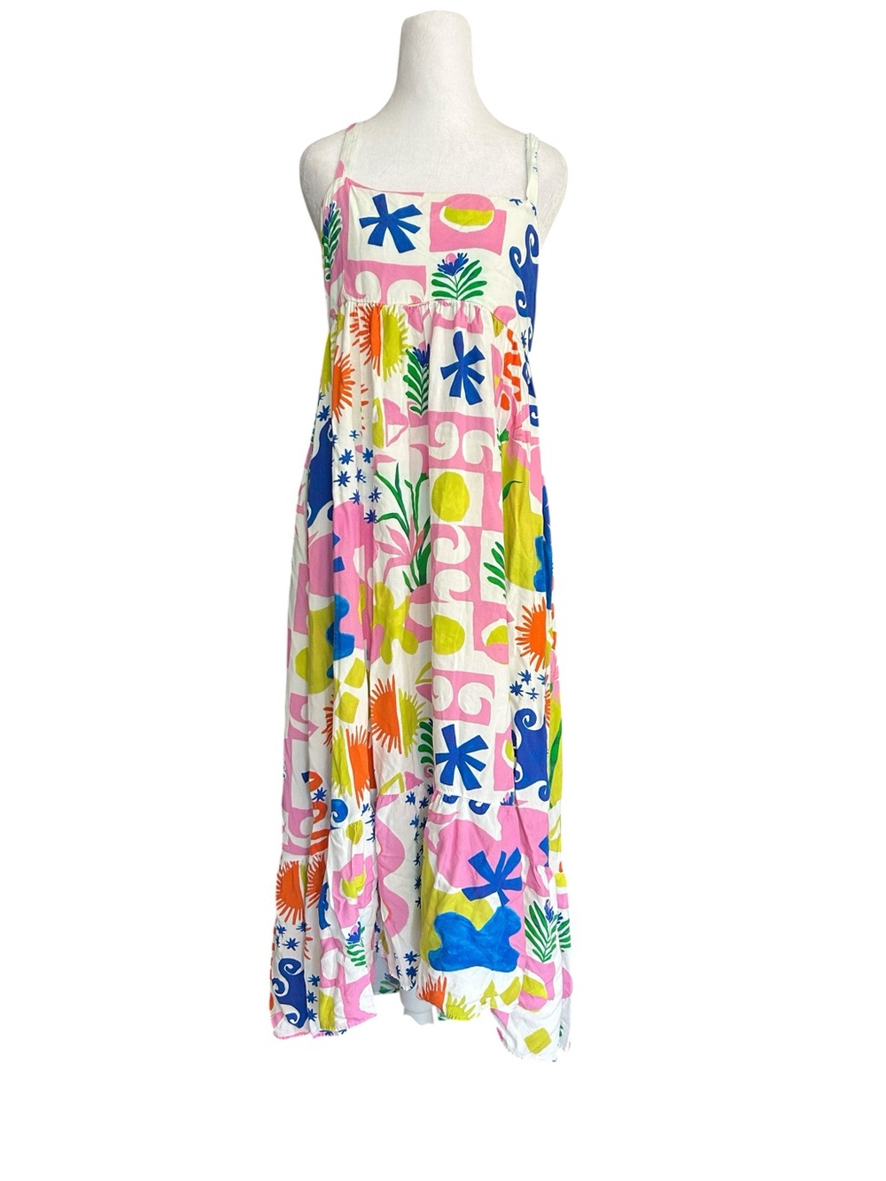 Paper Heart Abstract Tropical Print Tiered Maxi Dress Sundress Pockets Medium